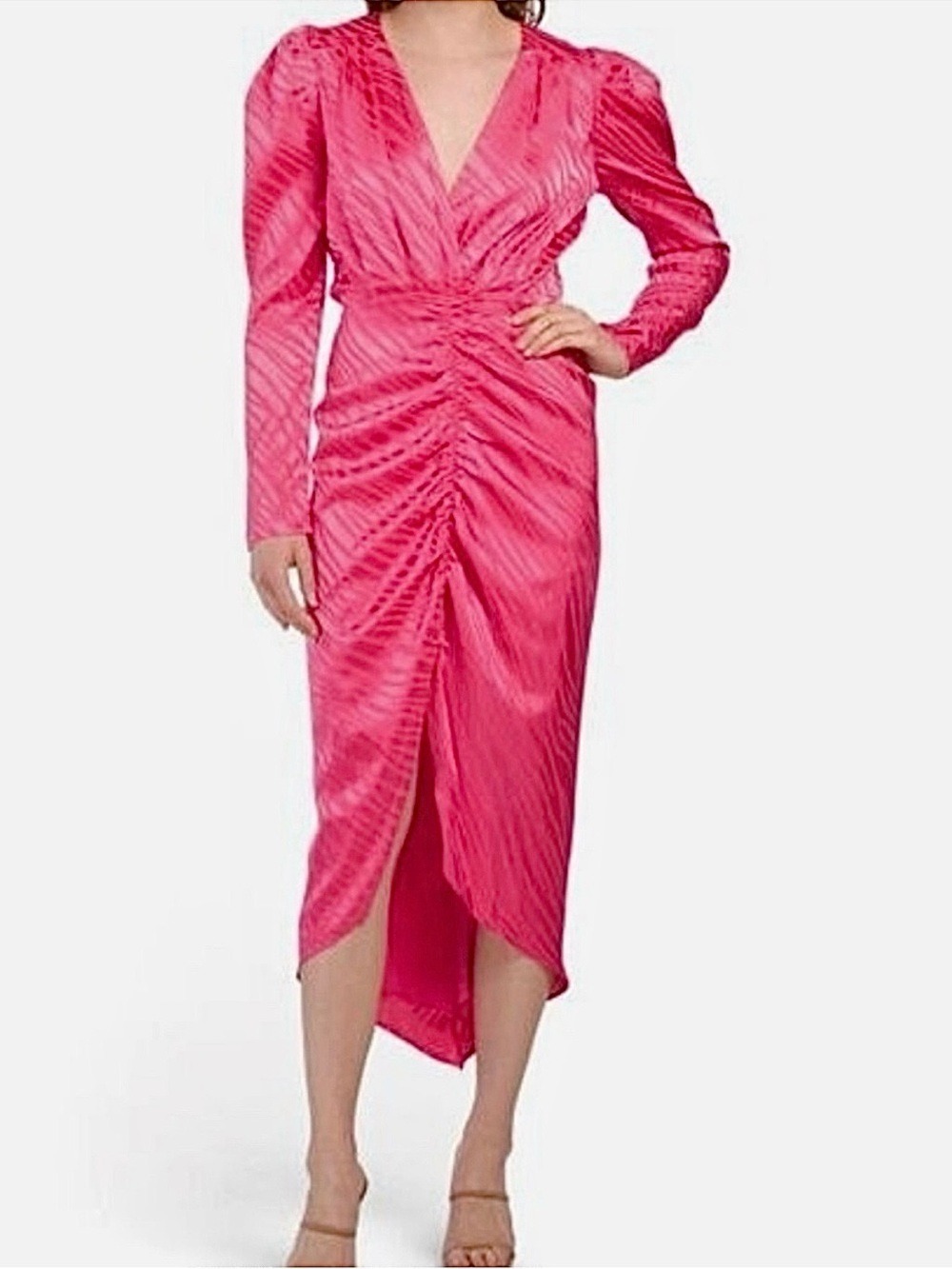 Ronny Kobo hot pink zebra Astrid statement shoulder long sleeve dress M